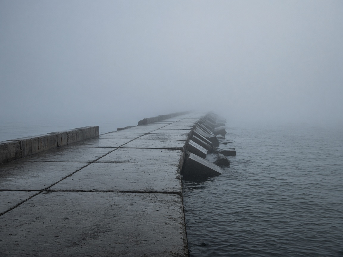 Molo di cemento che entra nella nebbia.