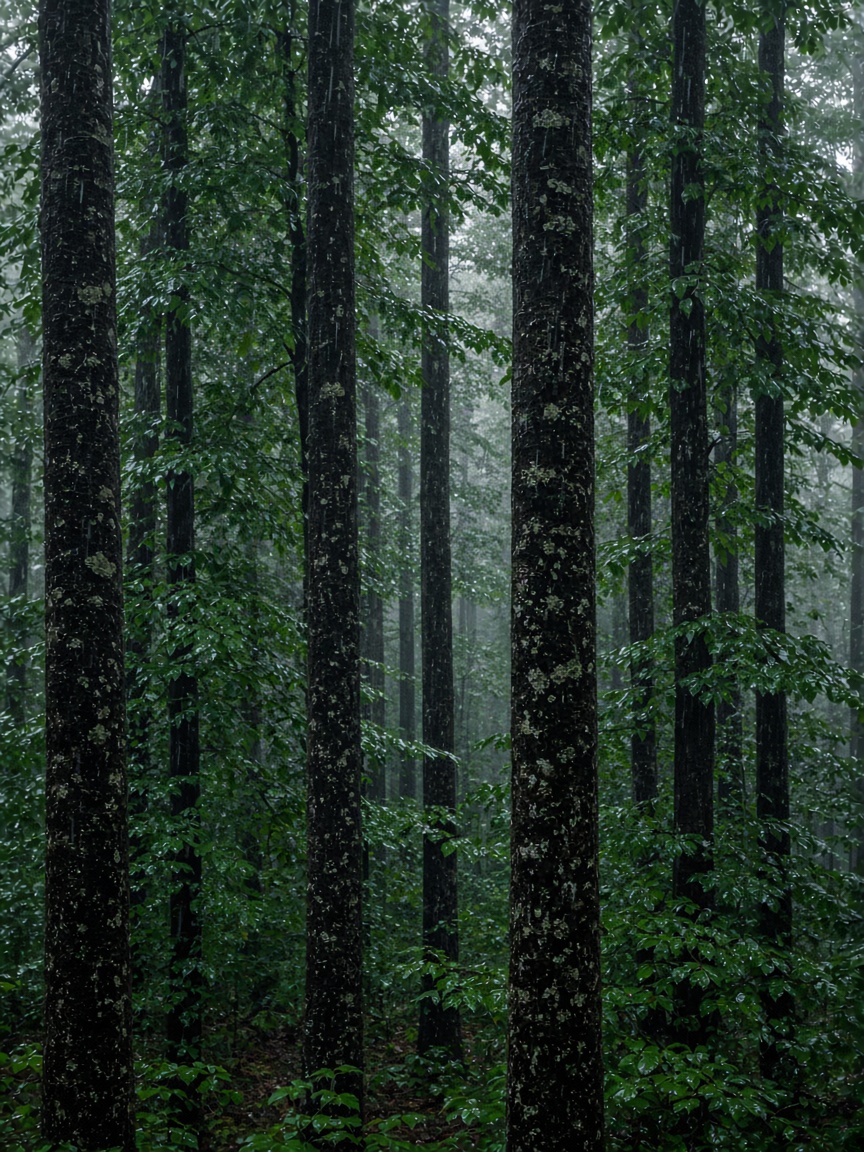 Bosco sotto la pioggia, tronchi bagnati.