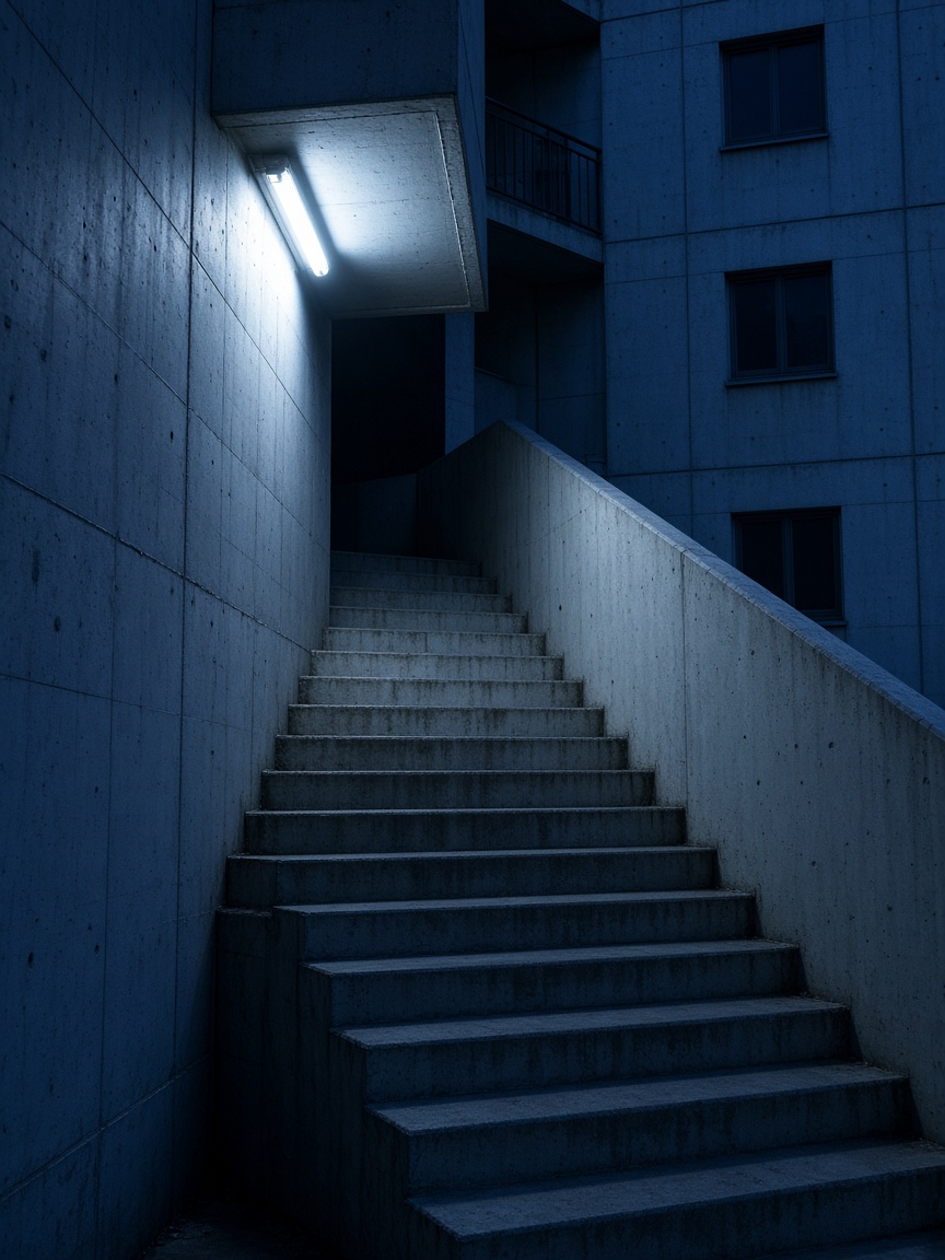 Scala di cemento di un caseggiato, di notte.