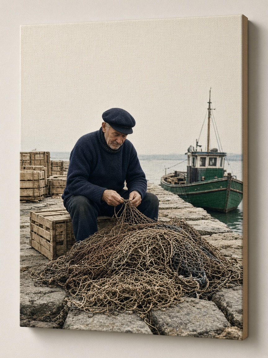 Tela con un pescatore che rammenda le reti sul molo.