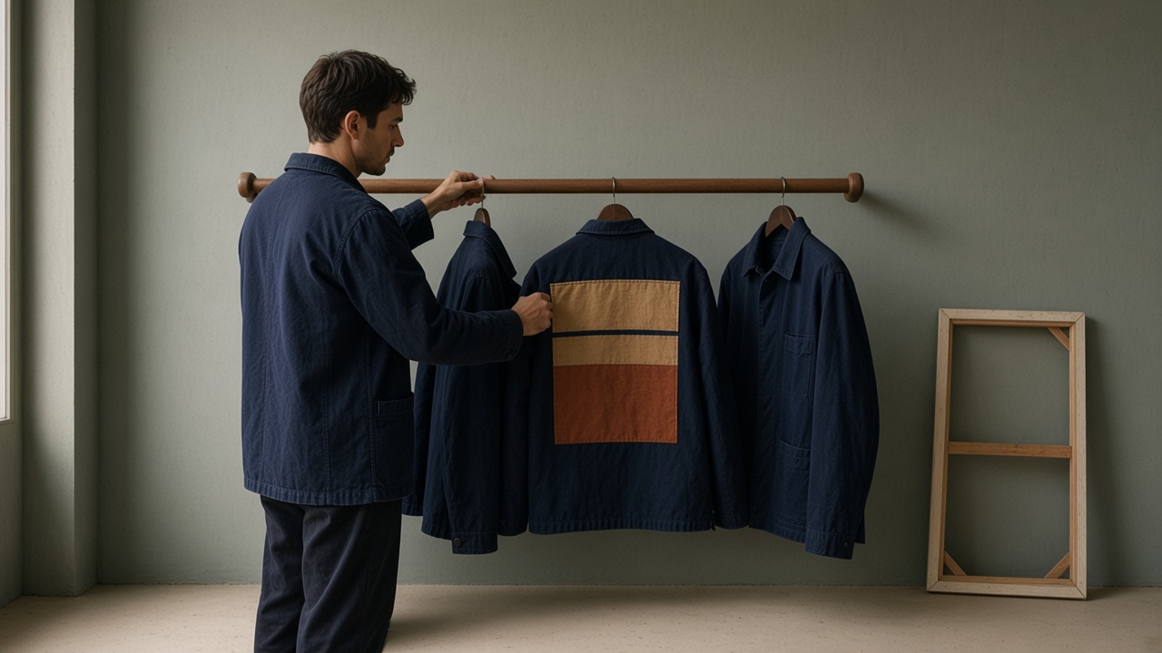 Tavolo di lavoro in atelier, con tessuti e una tela in preparazione.