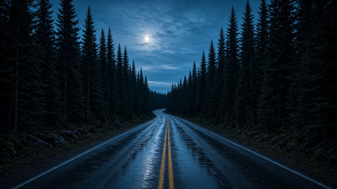 Strada bagnata tra gli abeti, di notte.