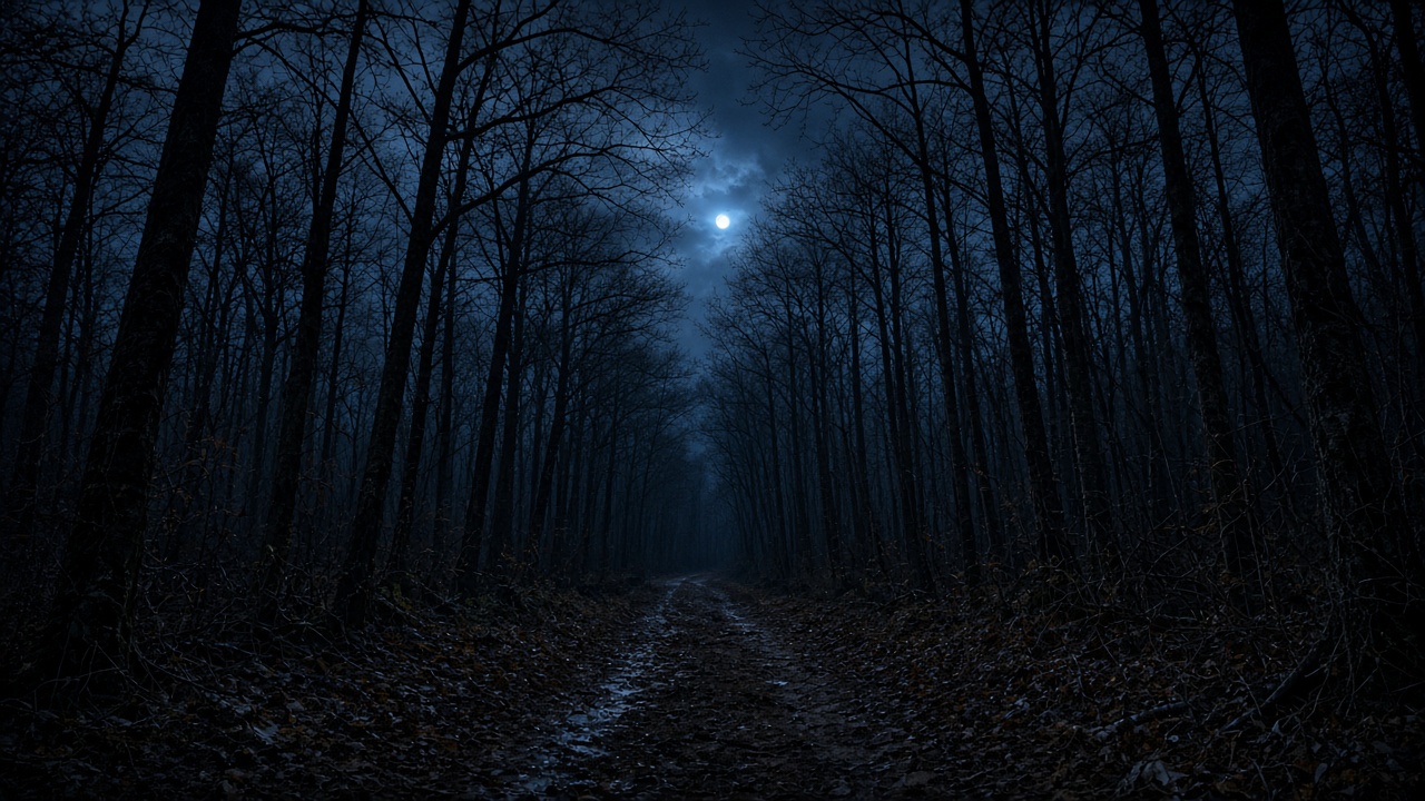 Sentiero in un bosco spoglio, di notte.